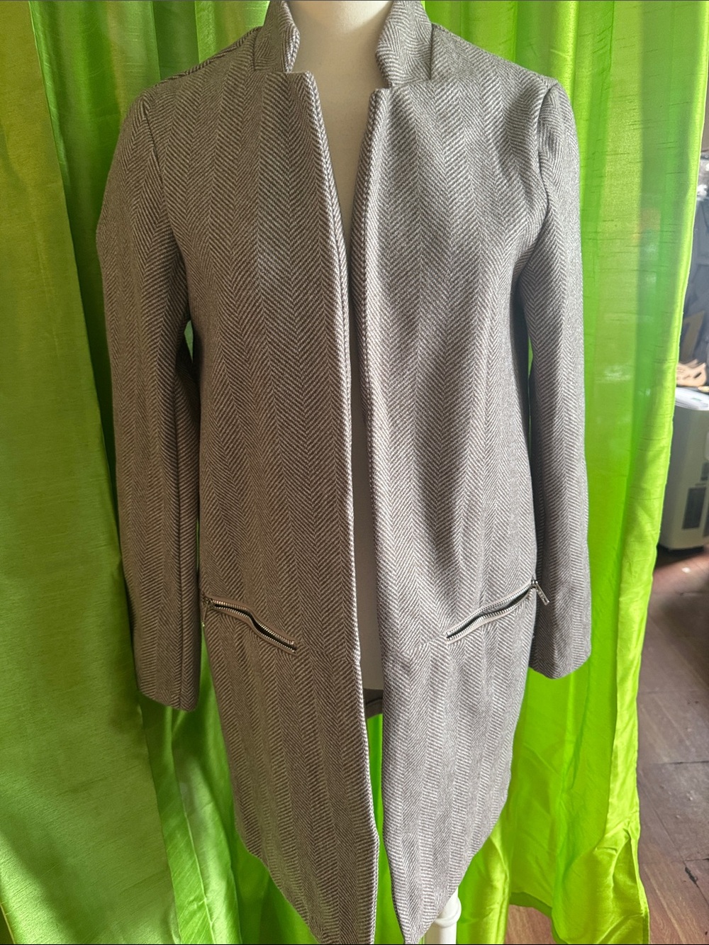 Womens Grey Herringbone Long Coat